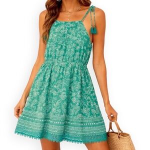 Old Navy Floral Paisley Halter Sun Dress XL Tassel Crochet Lace Boho Kelly Green